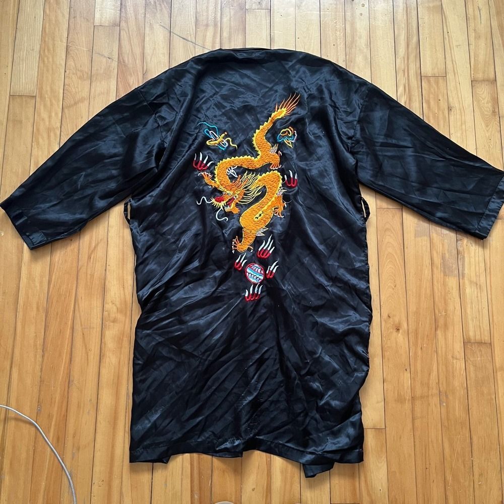 Wei Jiao Black Satin Dragon Embroidered Kimono Robe